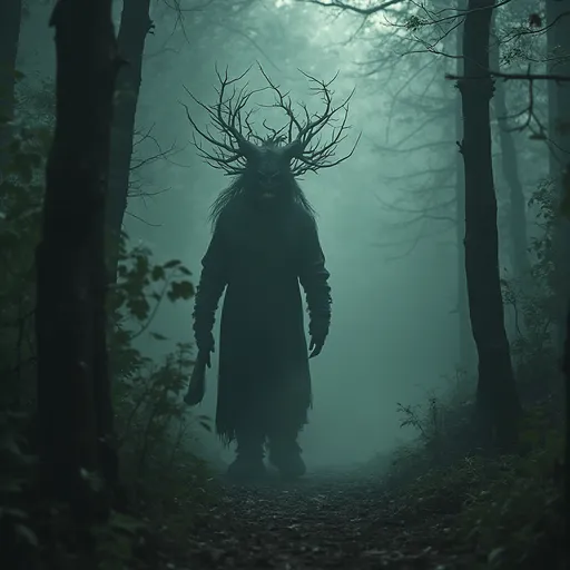 Prompt: Forest god. Dark misty mythical forest. Horror theme