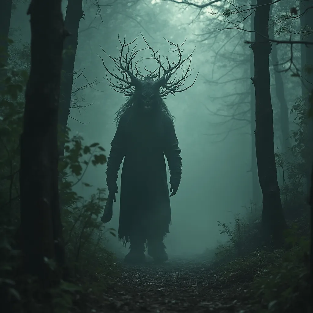 Prompt: Forest god. Dark misty mythical forest. Horror theme