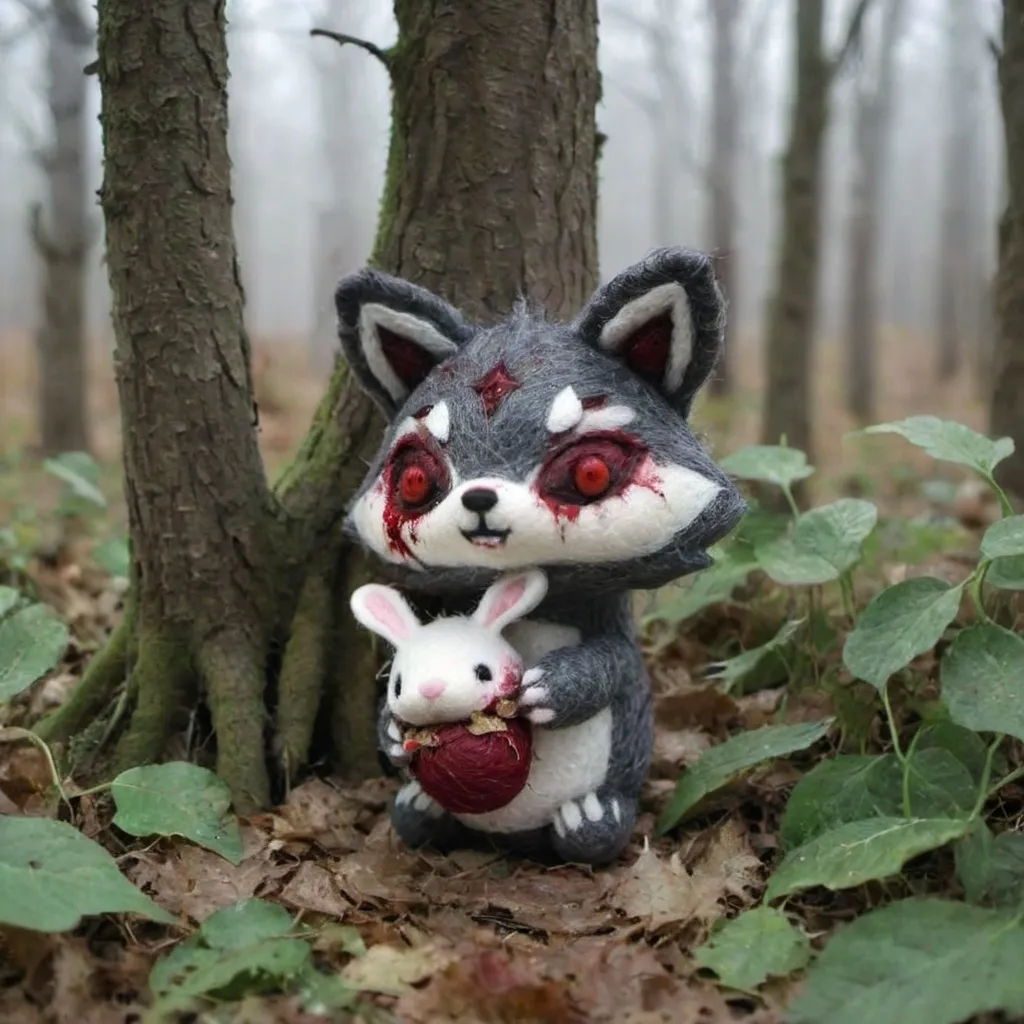 Prompt: Wolf (viciously) tearing apart a cute bunny, crimson splatters, horror, sinister woodland setting, dark and eerie atmosphere, shadows lurking between trees, haunting moonlight filtering through leaves, intense contrast, (gory details) showcasing raw power, foliage scattered with bloodstains, ultra-detailed, 4K, captivatingly grim visual narrative.