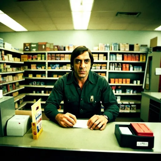 Prompt: No country for old men. Javier Ángel Encinas Bardem. Working as a cashier at staples.