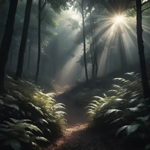 Prompt: Sunlight cascading across heavily wooded area, dark ground, misty, wondrous, magical. 4k high-definition, photorealism.