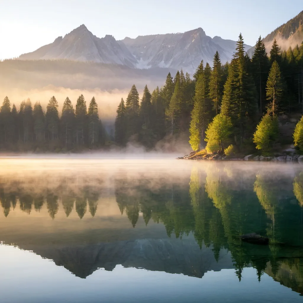 Prompt: A serene mountain lake at sunrise with mist rising from the water and trees reflecting on the surface.