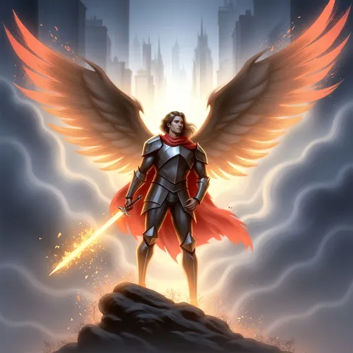 Prompt: Saint Michael the Archangel, (majestic stance), clad in resplendent armor, wielding a gleaming sword, surrounded by ethereal light, powerful wings unfurled, dramatic clouds behind him, (celestial aura), radiant colors with vivid contrasts, uplifting atmosphere, conveying strength and protection, ultra-detailed, high quality, 4K resolution, dynamic and inspiring ambiance. Masterpiece quality, anatomically accurate.