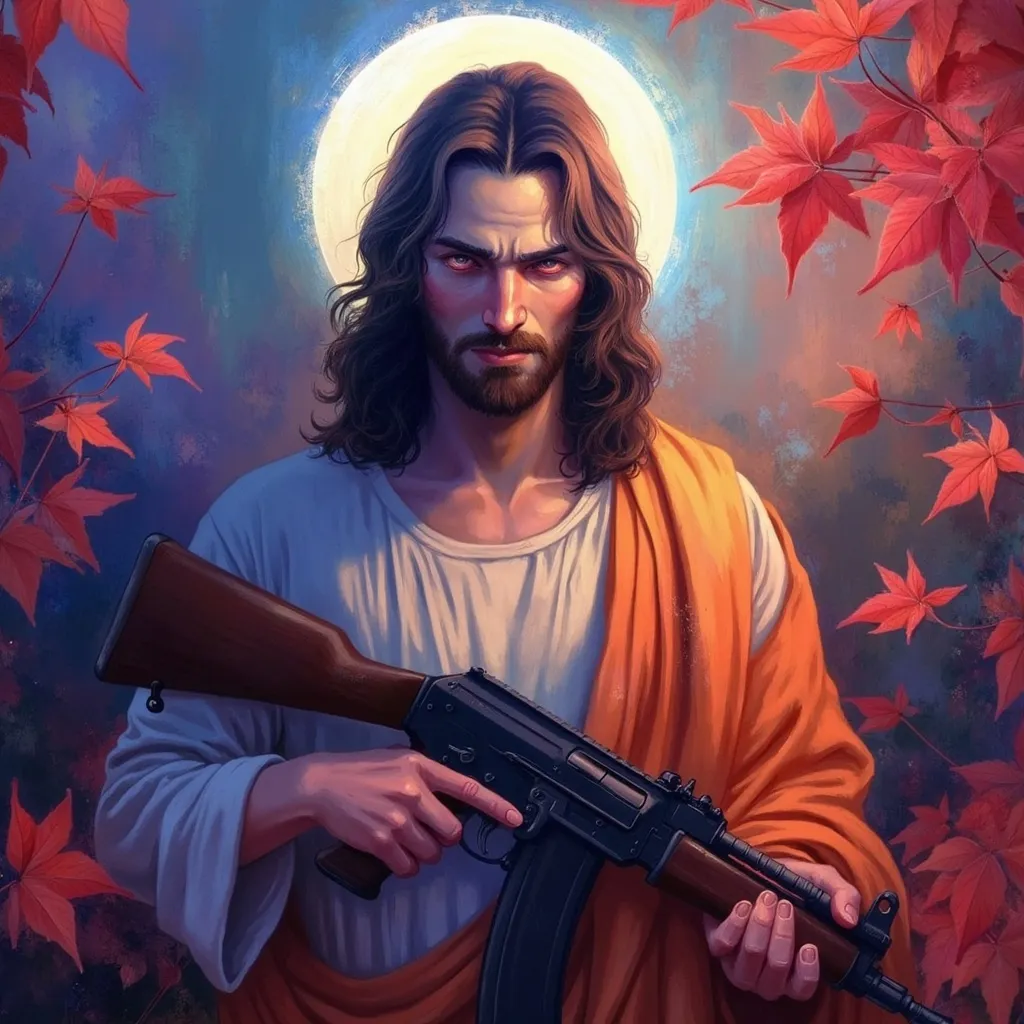 Prompt: Jesus holding an AK-47, (striking pose), dramatic lighting, vivid colors, intense expression, halo effect, contrasting background with elements, deep shadows, visual juxtaposition, high detail, 4K resolution