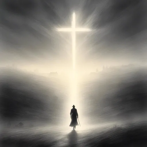 Prompt: <mymodel>(dark silhouette of person walking towards a cross), (dreamlike atmosphere), mysterious background, dynamic lighting, cascading ray beams illuminating the scene, ethereal glow surrounding the cross, deep shadows creating a sense of intrigue, soft gradients blending into vibrant tones, 4K resolution for ultra-detailed imagery, captivating and surreal ambiance.