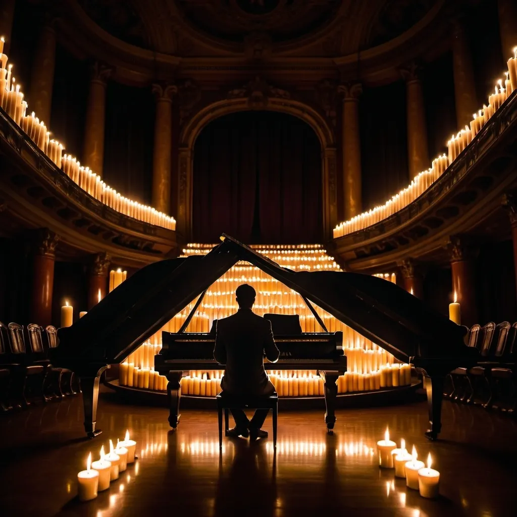 Prompt: Dark silhouette of a man playing piano. Surrounded by candles. In an opera house. Grand architecture. Filled audience of dark silhouettes. 