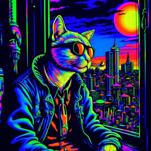 Prompt: Cat humanoid wearing sunglasses, denim jacket smoking a cigarette staring out a window into a futuristic city landscape. (Black light art)