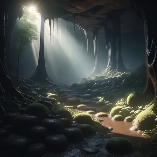 Prompt: Sunlight cascading across heavily wooded area, dark ground, misty, wondrous, magical, large deep hole, cavernous ,multiple biomes, glowing light. 4k high-definition, photorealism.