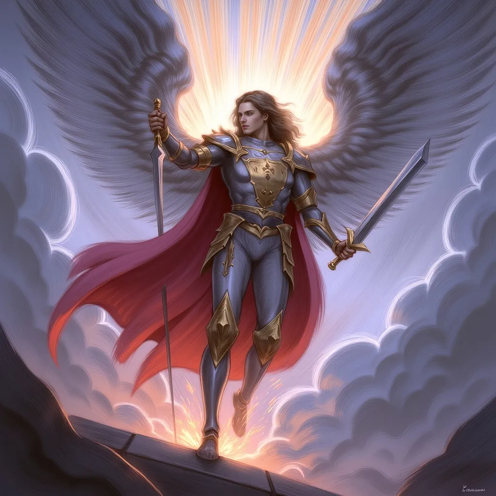 Prompt: Saint Michael the Archangel, (majestic stance), clad in resplendent armor, wielding a gleaming sword, surrounded by ethereal light, powerful wings unfurled, dramatic clouds behind him, (celestial aura), radiant colors with vivid contrasts, uplifting atmosphere, conveying strength and protection, ultra-detailed, high quality, 4K resolution, dynamic and inspiring ambiance. Masterpiece quality, anatomically accurate.