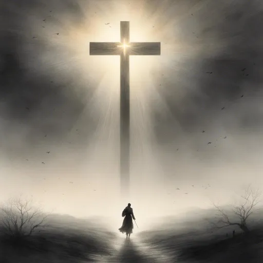 Prompt: <mymodel>(dark silhouette of person walking towards a cross), (dreamlike atmosphere), mysterious background, dynamic lighting, cascading ray beams illuminating the scene, ethereal glow surrounding the cross, deep shadows creating a sense of intrigue, soft gradients blending into vibrant tones, 4K resolution for ultra-detailed imagery, captivating and surreal ambiance.