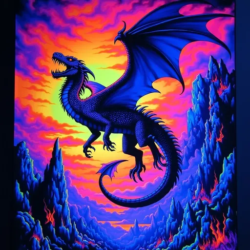 Prompt: (majestic dragon), vibrant scales with shimmering hues, intricate details and powerful wings, soaring through a dramatic sunset sky, creating a sense of awe, striking background with swirling clouds, richly saturated colors, ultra-detailed, mythic atmosphere, high-quality, cinematic ambiance, impressive artwork suitable for epic fantasy themes. (Black light art)