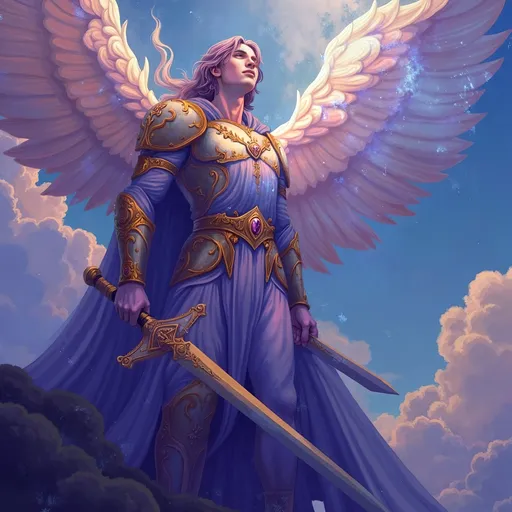 Prompt: Saint Michael the Archangel, (majestic stance), clad in resplendent armor, wielding a gleaming sword, surrounded by ethereal light, powerful wings unfurled, dramatic clouds behind him, (celestial aura), radiant colors with vivid contrasts, uplifting atmosphere, conveying strength and protection, ultra-detailed, high quality, 4K resolution, dynamic and inspiring ambiance. Masterpiece quality, anatomically accurate.