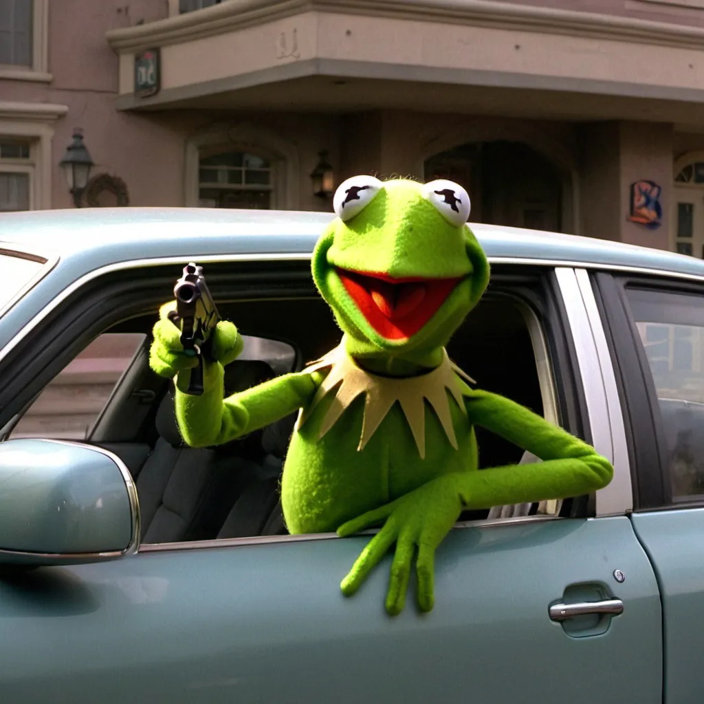 Prompt: Kermit the frog pointing a gun out of a car.