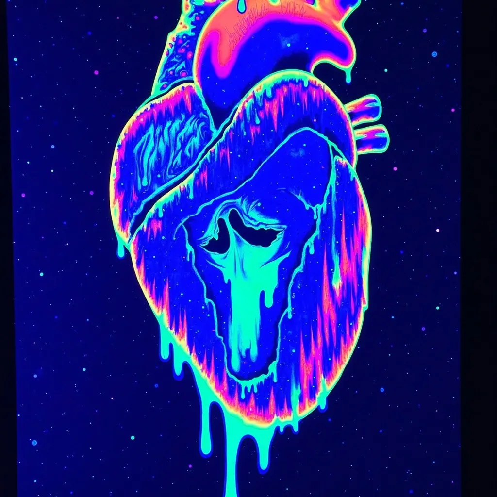 Prompt: (accurately spelled text "Homesick"), melting heart, (black light art style), glowing neon effects, ethereal ambiance, high contrast colors, vivid blue and pink hues, surreal and emotional atmosphere, intricate texture details, captivating and dreamlike mood, high-quality illustration, mesmerizing visuals, spectral illumination, visual depth and dimensionality.