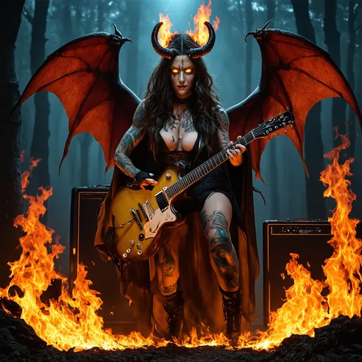 Prompt: Horned goddess, (glowing hazel eyes), (crown of fire), (bat wings), (glowing tattoos), (piercings), tattered clothing, destroyed cape, on a dark, enchanted forest stage, playing a guitar made of flesh and bone, (giant amplifiers), fire surrounding the stage, (surreal atmosphere), muted colors with vibrant flames, (highly detailed), atmospheric lighting, mystical, intense ambiance, captivating, (ultra-detailed).