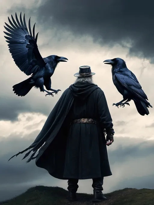 Prompt: Odin the wanderer. Two ravens circling overhead