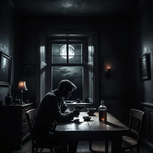 Prompt: Dark silhouette of man staring out a window in a dark room. Moonlight, full moon. Sitting at a table, sad, gloomy, desolate. Gun lying in front of him on the table.