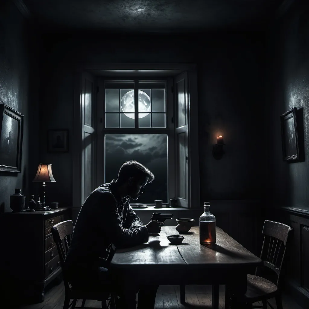 Prompt: Dark silhouette of man staring out a window in a dark room. Moonlight, full moon. Sitting at a table, sad, gloomy, desolate. Gun lying in front of him on the table.