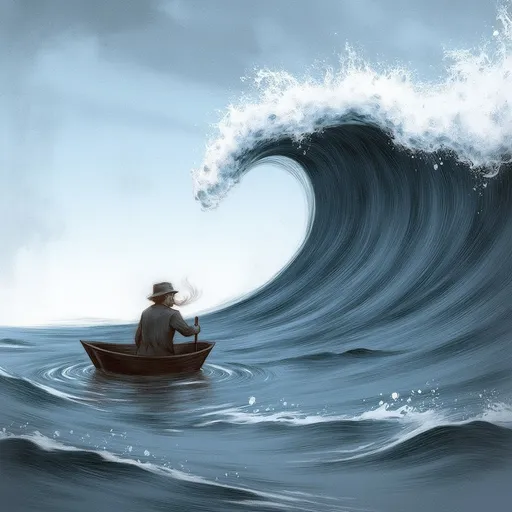 Prompt: Man on a boat peacefully smoking looking towards the camera, as giant massive wave unexpectedly towers over him about to capsize his boat.