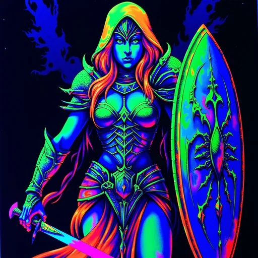 Prompt: Shield maiden, (black light art), fierce warrior, illuminated shield, glowing armor, dynamic pose, intricate patterns, mystical ambiance, dark background, vibrant colors glowing in contrast, fierce expression, ethereal lighting, ultra-detailed, high quality, fantasy theme, radiant highlights, mythical atmosphere.