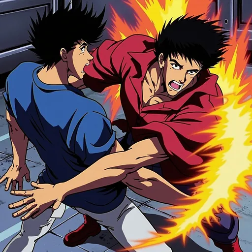 Prompt: (ultra-detailed) action scene of two men fighting, intense expressions, dynamic poses, dramatic motion blur, energy and tension in the air, modern urban background, dim lighting with highlighted faces, capturing raw emotions, powered by vibrant colors, conveying a sense of conflict and struggle, HD captivating atmosphere.