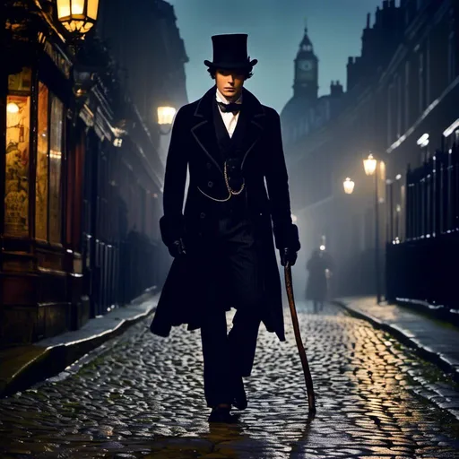 Prompt: <mymodel>(mymodel) man wearing top hat and wielding a cane and a knife, walking through old London streets, dark and mysterious atmosphere, moonlit night casting soft silvery light, cobblestone pathways reflecting faint glow, smoky fog swirling around historic buildings, dramatic shadows, high quality, cinematic depth, enchanting and eerie mood, capturing the essence of Victorian elegance.