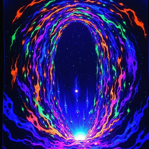 Prompt: (Giant void swirling with magical light), deep pit vortex, glowing neon colors, dark exterior, mysterious ambiance, energetic and ethereal light patterns swirling, grainy texture, low resolution for a vintage aesthetic, a surreal dream-like atmosphere. Capture the essence of magic and depth in this captivating scene.