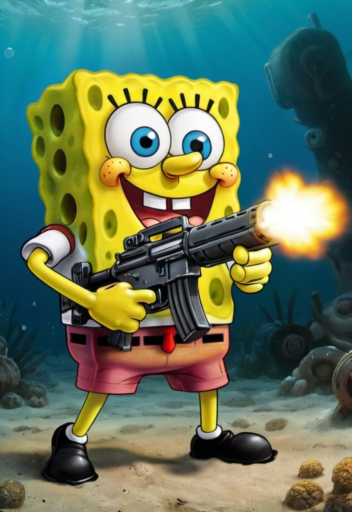 Prompt: SpongeBob firing a machine gun. 