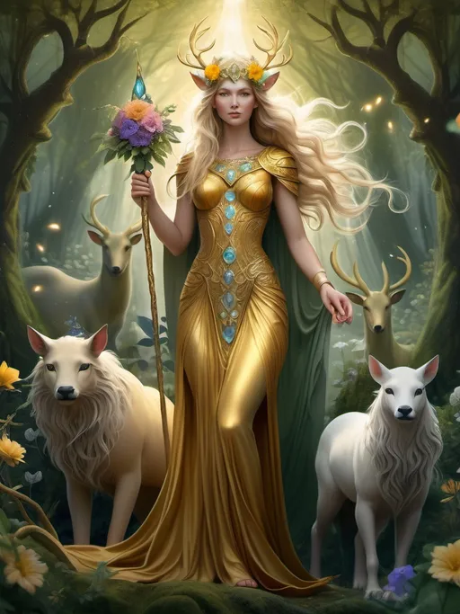 Prompt: (Norse goddess Freya), ethereal beauty, adorned in a flowing (golden gown), intricate patterns of Nordic designs, holding a shimmering (magical staff), surrounded by vibrant flowers and mythical animals, serene expression, soft (ambient lighting), in a mystical forest background, lush greenery, high quality, (ultra-detailed), (fantastical atmosphere).