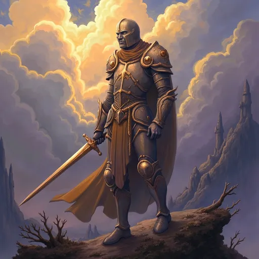 Prompt: A (valiant knight), clad in ornate armor reflecting the gleam of sunlight, wielding a gleaming sword, standing tall on a rugged terrain, dramatic clouds overhead, surrounded by the whisper of ancient trees, embodying bravery and strength, in a fantasy realm, high quality, ultra-detailed, atmospheric ambiance evokes heroism, warm golden and cool gray tones entwined. Masterpiece quality, anatomically correct.