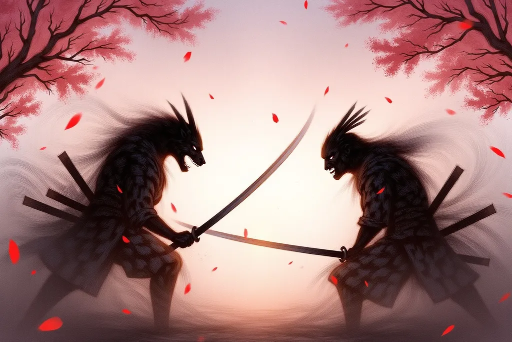 Prompt: Samurai duel, (dynamic pose), two dark silhouettes of samurai facing each other, gripping the hilts of their sheathed katanas with intensity, falling cherry blossoms creating a serene background, (high detail), soft pink bloom petals drifting down, (dramatic lighting), warm, rich tones highlighting ornate armor, (cinematic ambiance).