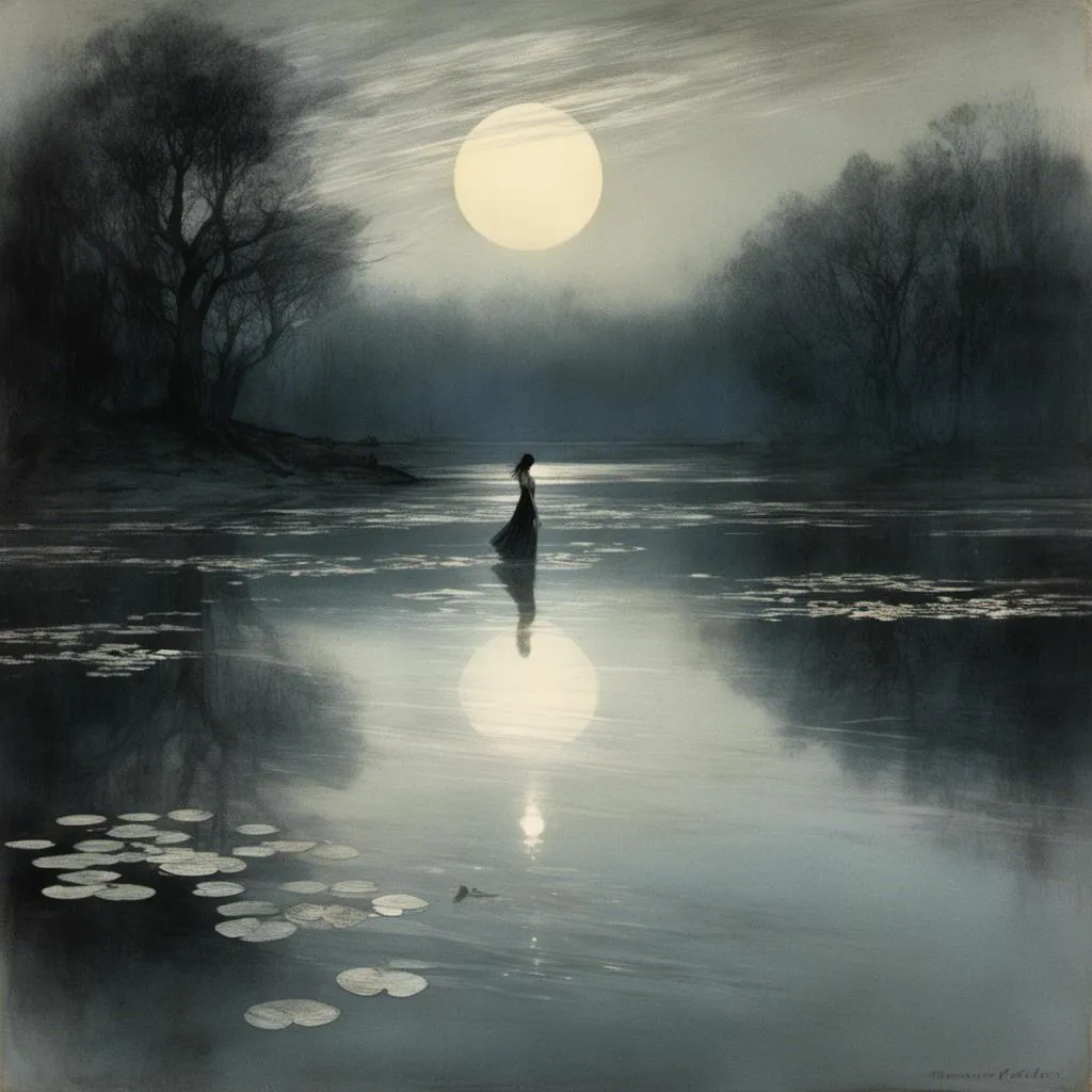 Prompt: <mymodel> dark wooded area tall trees black wood. Moonlight reflecting off a lake. Woman dressed in a black sheer dress, long black hair, porcelain skin, waist deep in the lake, water ripples around her body, Lilly pads scattered on the surface of the lake, moon on the horizon of the lake. Dream like, high resolution, focused detail, masterpiece quality, anatomically correct hands and fingers, light particles floating around the air.