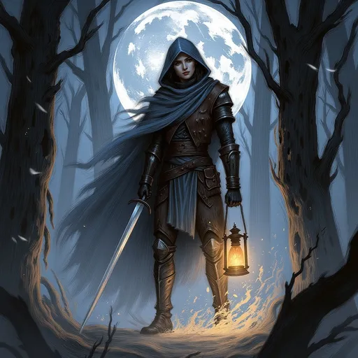 Prompt: (Preyer Witch hunter), dramatic pose in a moonlit forest, wearing rugged leather armor with a hood and a cloak, holding a silver sword and a lantern, intense expression, atmospheric mist swirling around, vibrant shadows and dynamic contrasts, rooted in folklore with gothic elements, deeply engaging and mysterious ambiance, (ultra-detailed) depiction, 4K resolution.