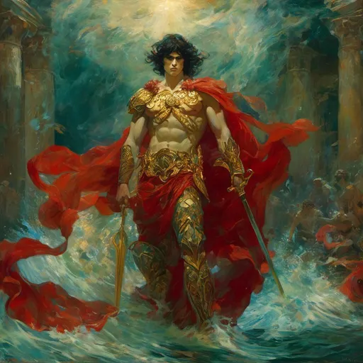 Prompt: <mymodel> Poseidon (God of the seas), portrayed with intense and striking features, muscular physique, wearing ornate armor, holding a glistening trident, fierce expression, passionate and powerful stance, (dramatic lighting), (epic background of ancient ruins), (highly detailed), (mythological ambiance), vibrant colors of red and gold, evoking feelings of strength and valor, 4K resolution, ultra-detailed.