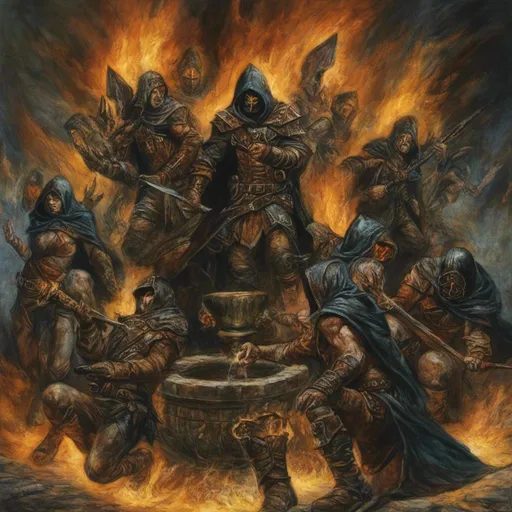 Prompt: <mymodel> group of hooded figures circling a fountain of fire.