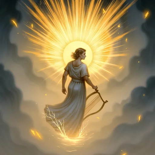 Prompt: Apollo, (God of the Sun), radiant golden light pouring down, ethereal presence, holding a lyre, surrounded by a celestial atmosphere, vibrant sun-beams, illuminating the background with a dreamy haze, inspired by classical mythology, capturing divine serenity, flowing robes, detailed symbolism, (highly detailed), (4K).