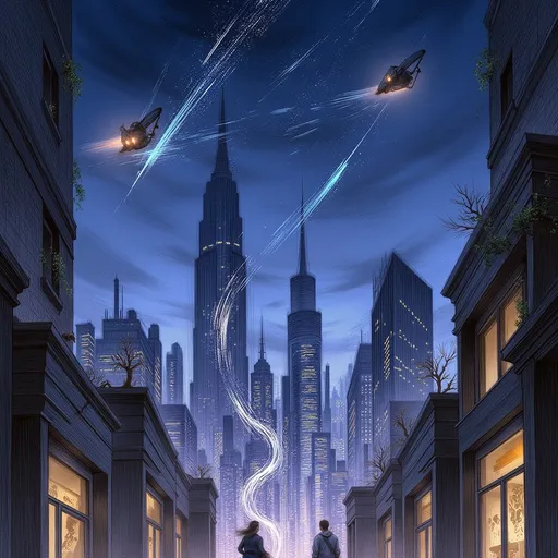 Prompt: A futuristic cityscape at night, with towering skyscrapers lit by neon lights, flying cars zooming between the buildings, and a glowing digital grid running through the streets. In the sky, holographic advertisements project onto the clouds, and the city is surrounded by vast, shimmering energy fields. The scene feels vibrant, bustling with technology, with hints of nature integrated, like trees growing on building terraces and vines crawling up the sides of glass structures.