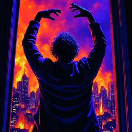 Prompt: joker from (DC Batman). perched on a window, hands in the air in triumph, gazing into a fiery cityscape, flames illuminated against a dark sky, dramatic tones, vivid reds and oranges, smoke swirling in the air, high detail, moody atmosphere, urban environment, nighttime, powerful contrast, cinematic lighting, ultra-detailed, surreal and intense emotional vibe. (Black light art)