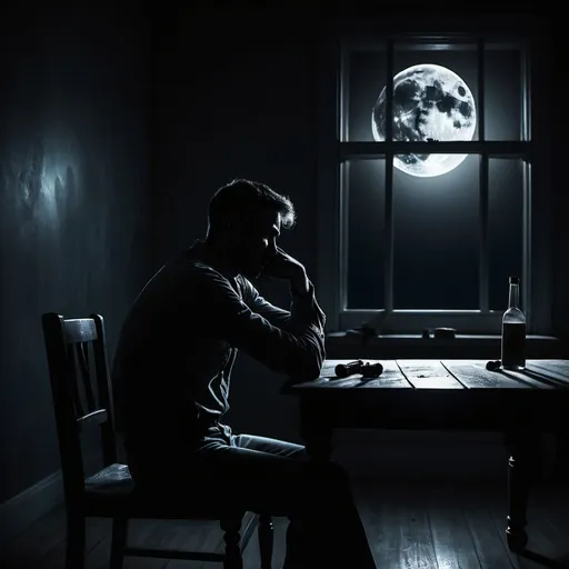 Prompt: Dark silhouette of man staring out a window in a dark room. Moonlight, full moon. Sitting at a table, sad, gloomy, desolate. Gun lying in front of him on the table.