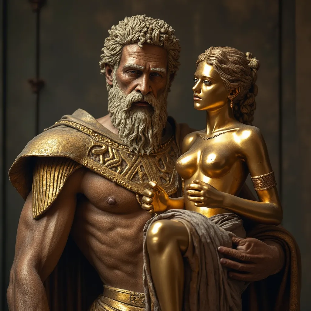 Prompt: Horror theme king Midas holding solid gold statue of a woman.