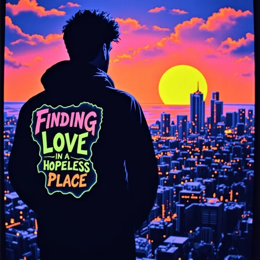 Prompt: Dark silhouette of a man facing a city. In the sky, clear and readable text says 'Finding love in a hopeless place,'on the man’s jacket. black light art style with glowing, ethereal neon effects. The background shows a calm sun, with soft, warm colors fading into darker tones, creating a peaceful yet haunting atmosphere over the city.