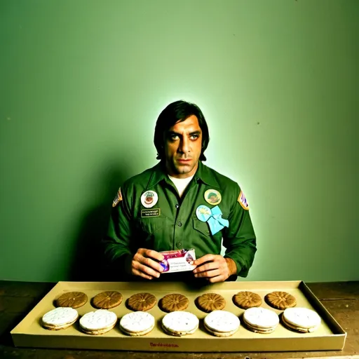 Prompt: No country for old men. Javier Ángel Encinas Bardem. Selling Girl Scout cookies