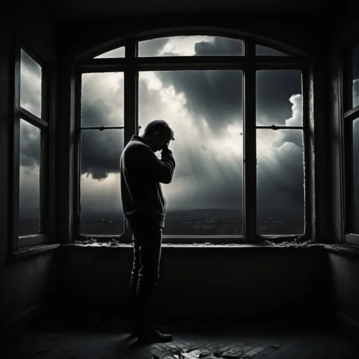 Prompt: Dark silhouette of a man staring out a window with his hands on his head from a dark room. Gloomy, morbid, misty room. Bright window hopeful outside, heavenly clouds, ethereal landscape.