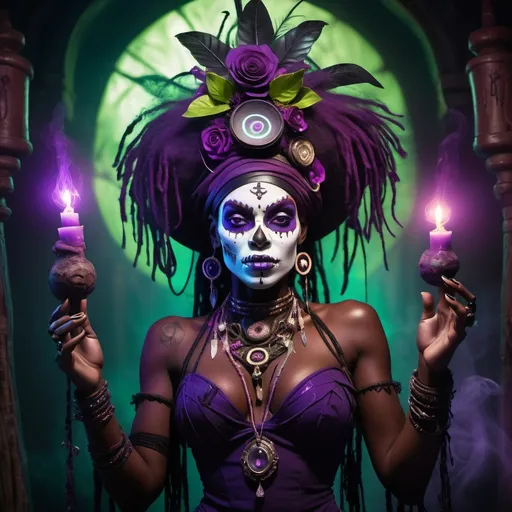 Prompt: Voodoo goddess. Glowing eyes, magical aura. Standing behind her, baron samedi, and  Brigitte.