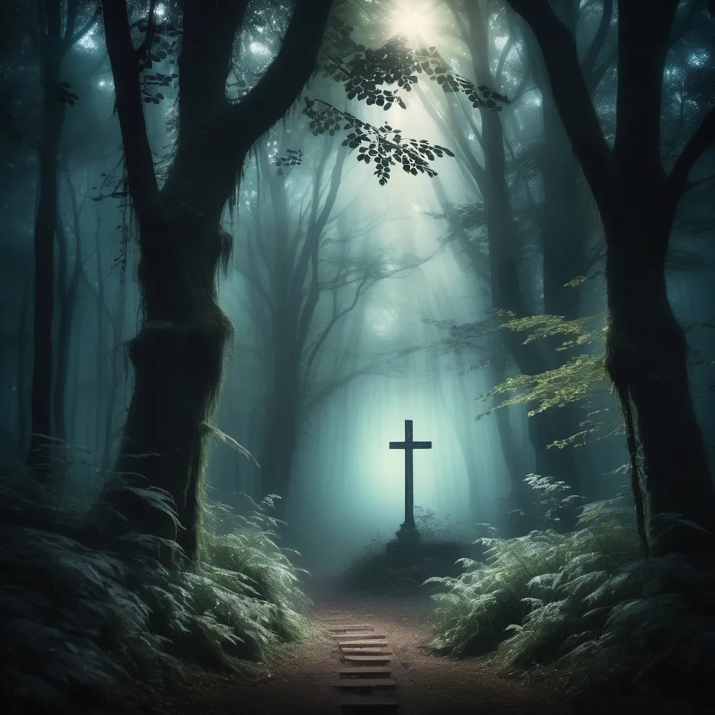 Prompt: (mystical dark forest), (wooden cross) (ray of light), ethereal atmosphere, dense trees shrouded in fog, luminescent shadows, deep greens and muted blues, enchanting and mysterious ambiance, soft beams illuminating the forest, high detail, cinematic quality, surreal and dreamlike mood, magical and serene landscape, sense of wonder and intrigue.