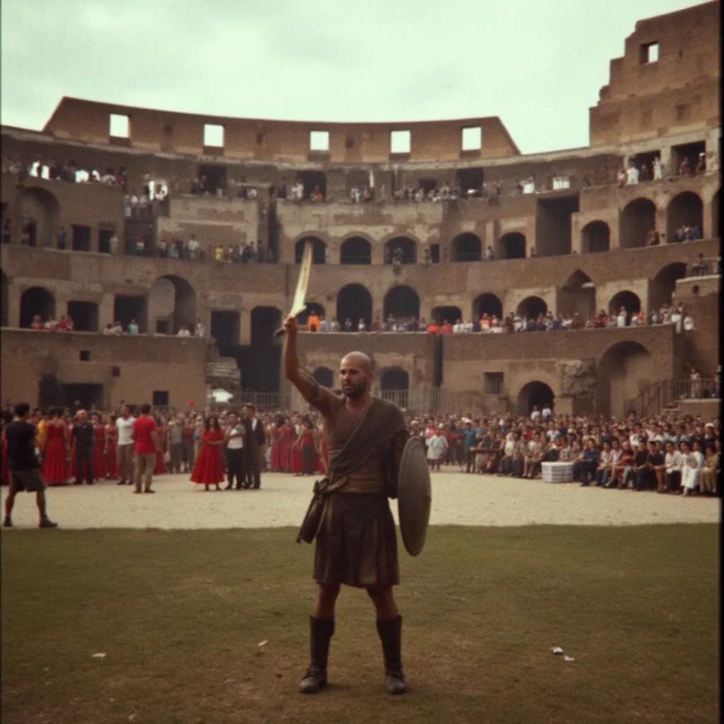 Prompt: Gladiator standing at the center of a colosseum. His hands raised with weapon and shield, crowd throwing roses around him.