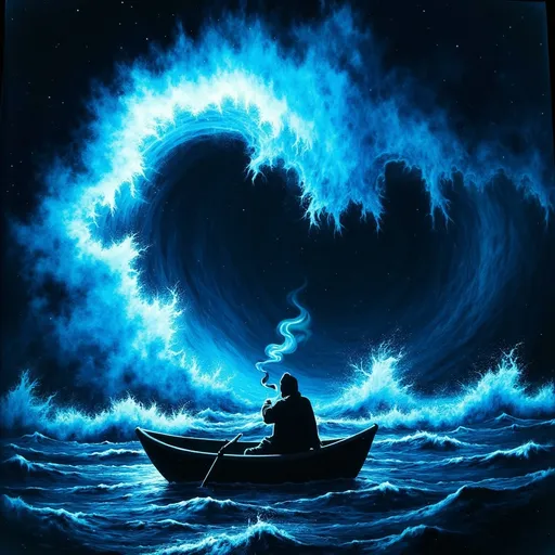 Prompt: Man on a boat peacefully smoking, a giant massive wave behind him.