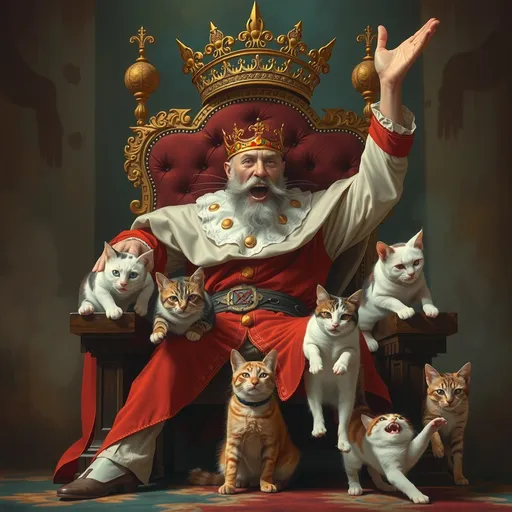 Prompt: A king throwing cats from his throne. 