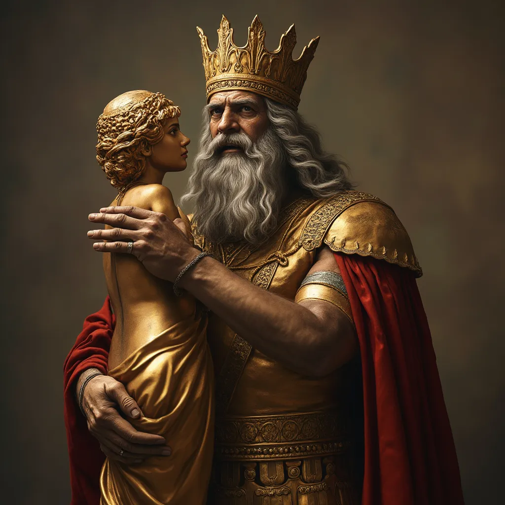 Prompt: Horror theme king Midas holding solid gold statue of a woman.