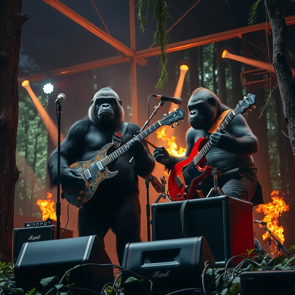 Prompt: Gorilla playing guitar. Gorilla playing drums. Forest stage. Giant amplifiers. Fire coming out of stage. Forest on fire.